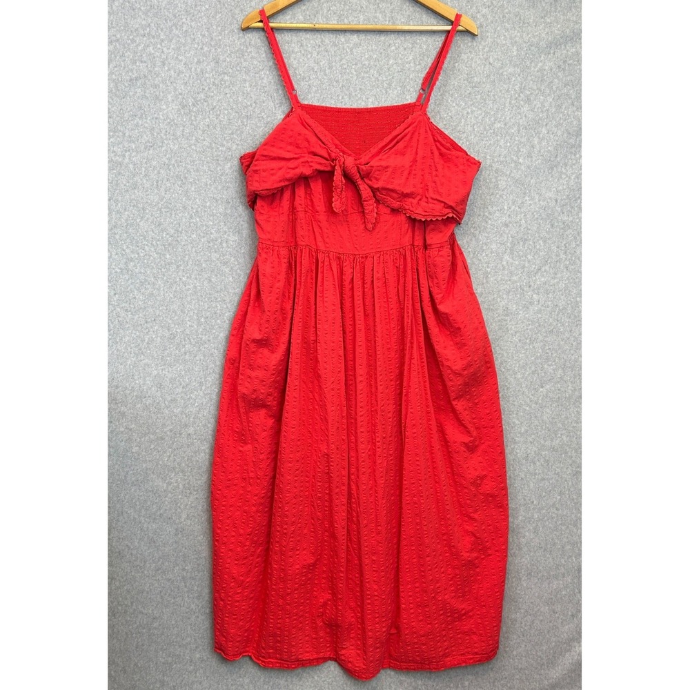 Old Navy XXL Tie Front Midi Tank Dress Poppy Red Seersucker Smocked Back Coastal